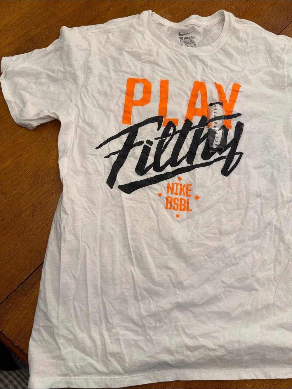 Nike White Graphic Tee with Orange and Black 'Play Filthy' Print xl